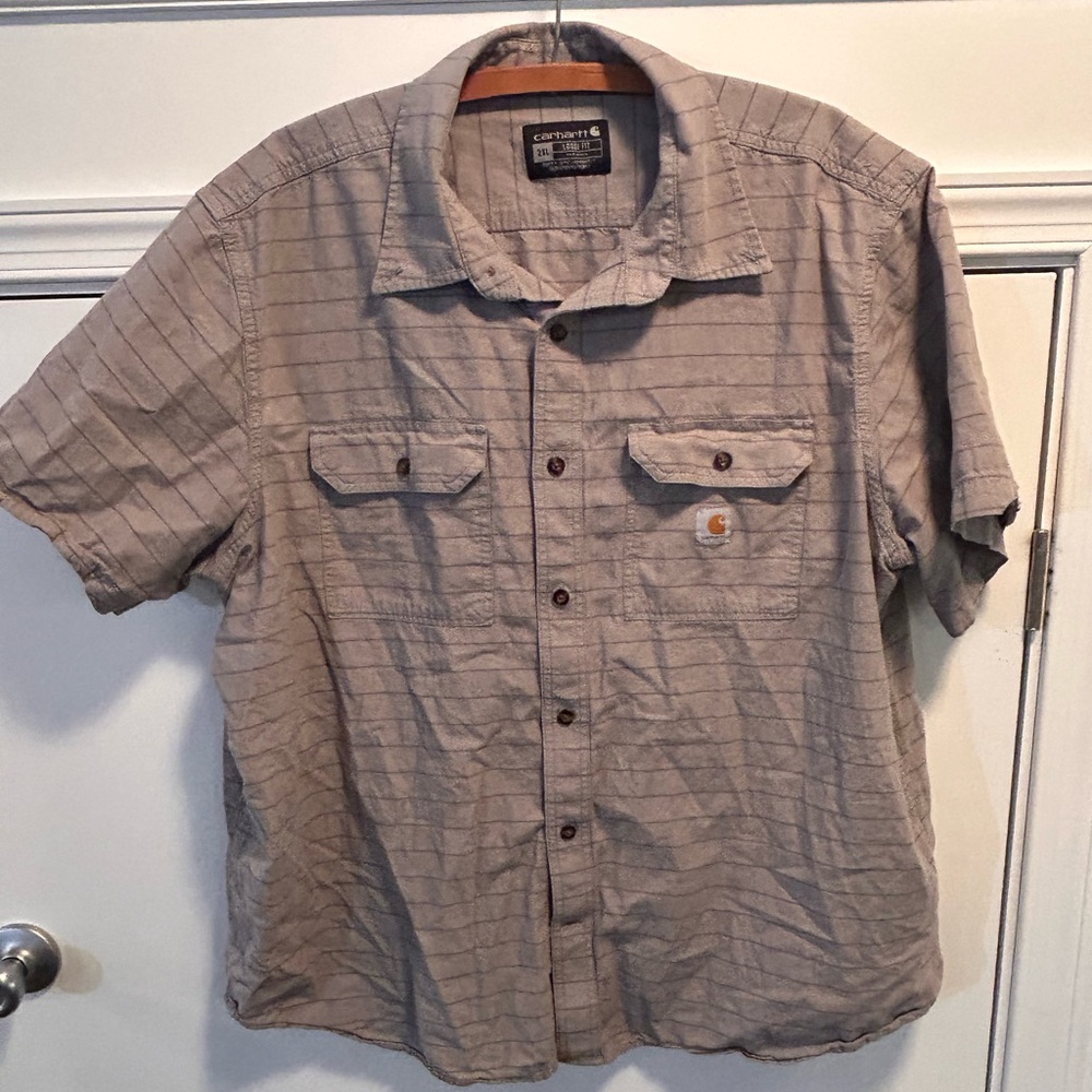 Carhartt Short Sleeve Button‎ Shirt Men's Size XXL Gray Striped Loose Fit Cotton